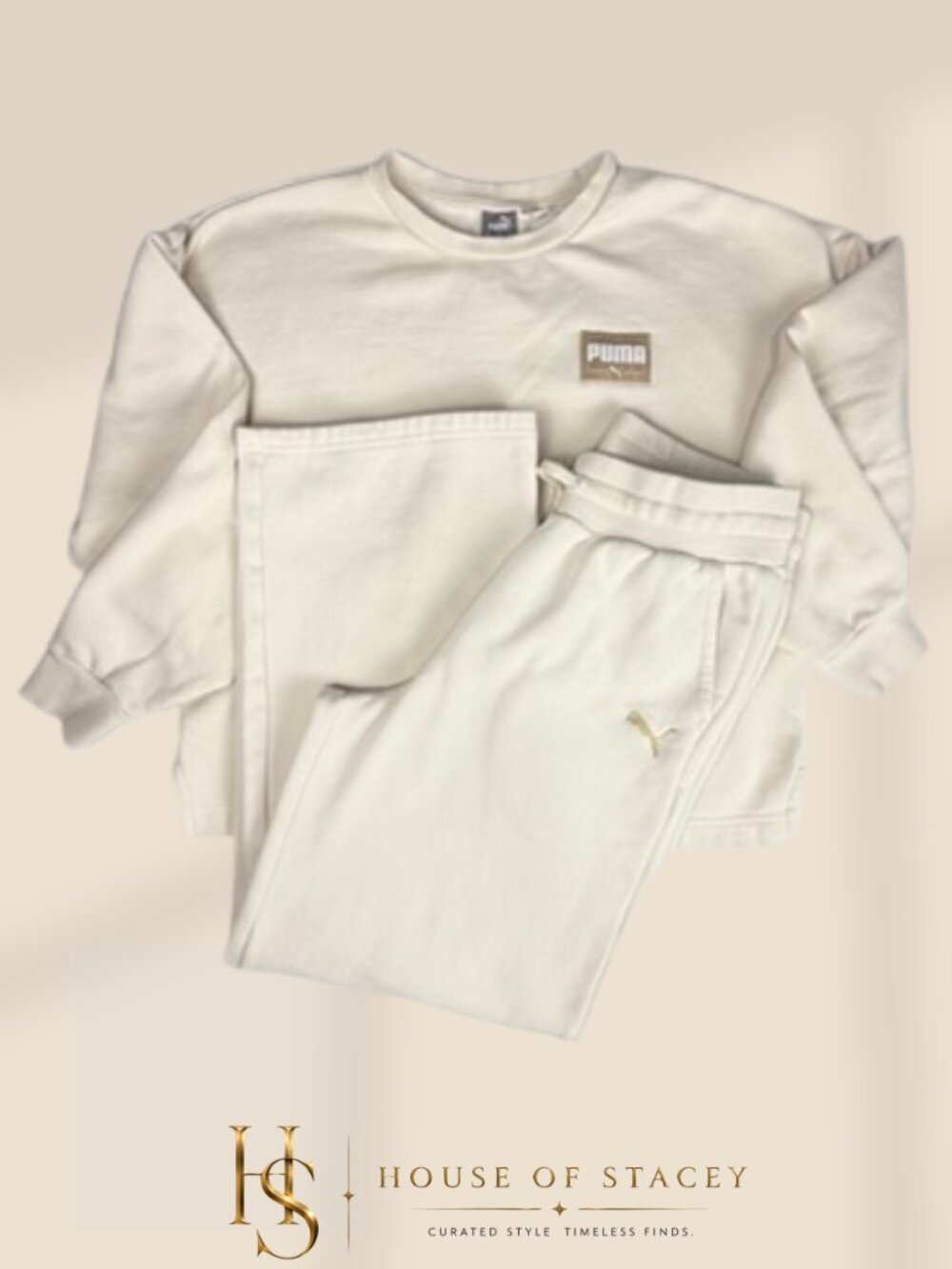 Puma Cream Sweat Set Medium Pullover & Joggers Cozy Lounge Athleisure